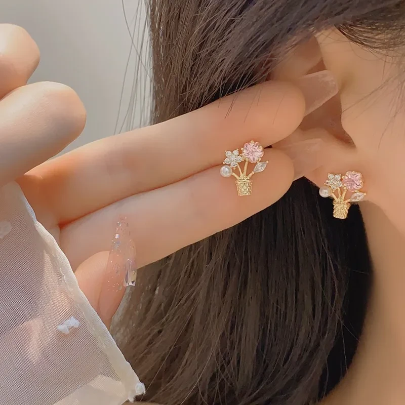 Flower Zircon Potted Bouquet Ear Studs Without Pierced Mosquito Coil Female Ear Clip