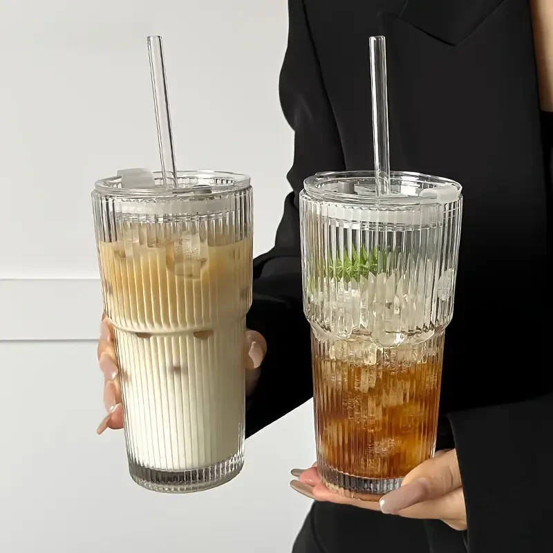 Coffee Mugs Glass Cup with Straw & Lid