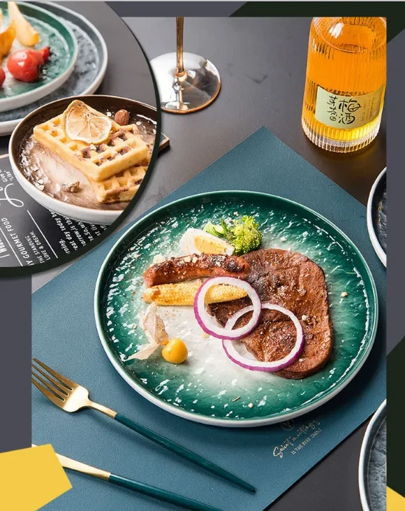 Nordic Net Red Ceramic Steak Round Flat Plate Home Creative Dish Plate