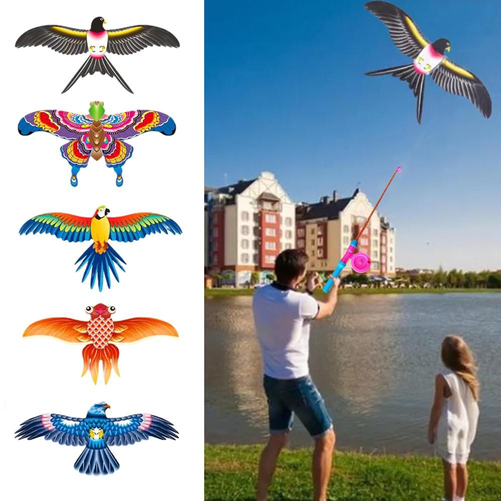 Childrens Kite Toy  Cartoon Eagle & Butterfly Foldable Mini Kite with Hand Brake & Fishing Rod