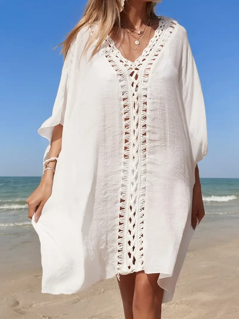 Crochet Hollow Out Batwing Sleeve Cover Up Dress, Plain White Loose Fit Elegant Beach Kaftan, Women's Swimwear & Clothing For Holiday