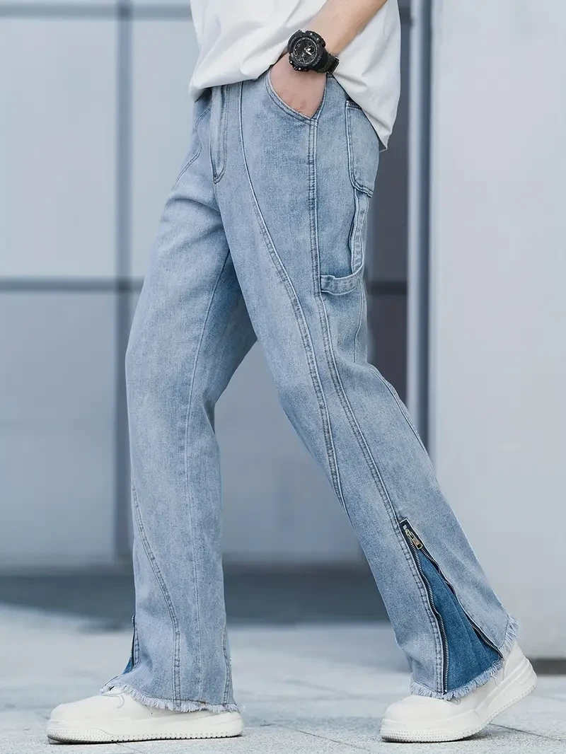 mens casual loose fit straight leg jeans chic zipper bottom multi pocket jeans details 0mens casual loose fit straight leg jeans chic zipper bottom multi pocket jeans details 0