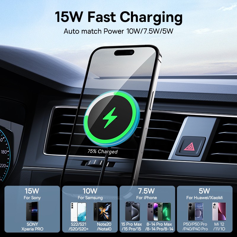 Baseus Car Phone Holder Magnetic Wireless Charger - 15W Fast Charging Car Charger Holder for iPhone 15, 14, 13 Pro Max