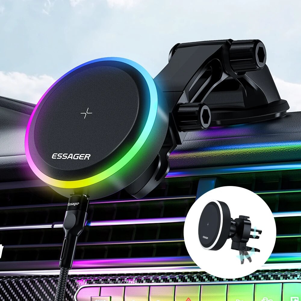Essager RGB Magnetic Car Phone Holder Qi 15W Wireless Charger - Universal Phone Holder Stand
