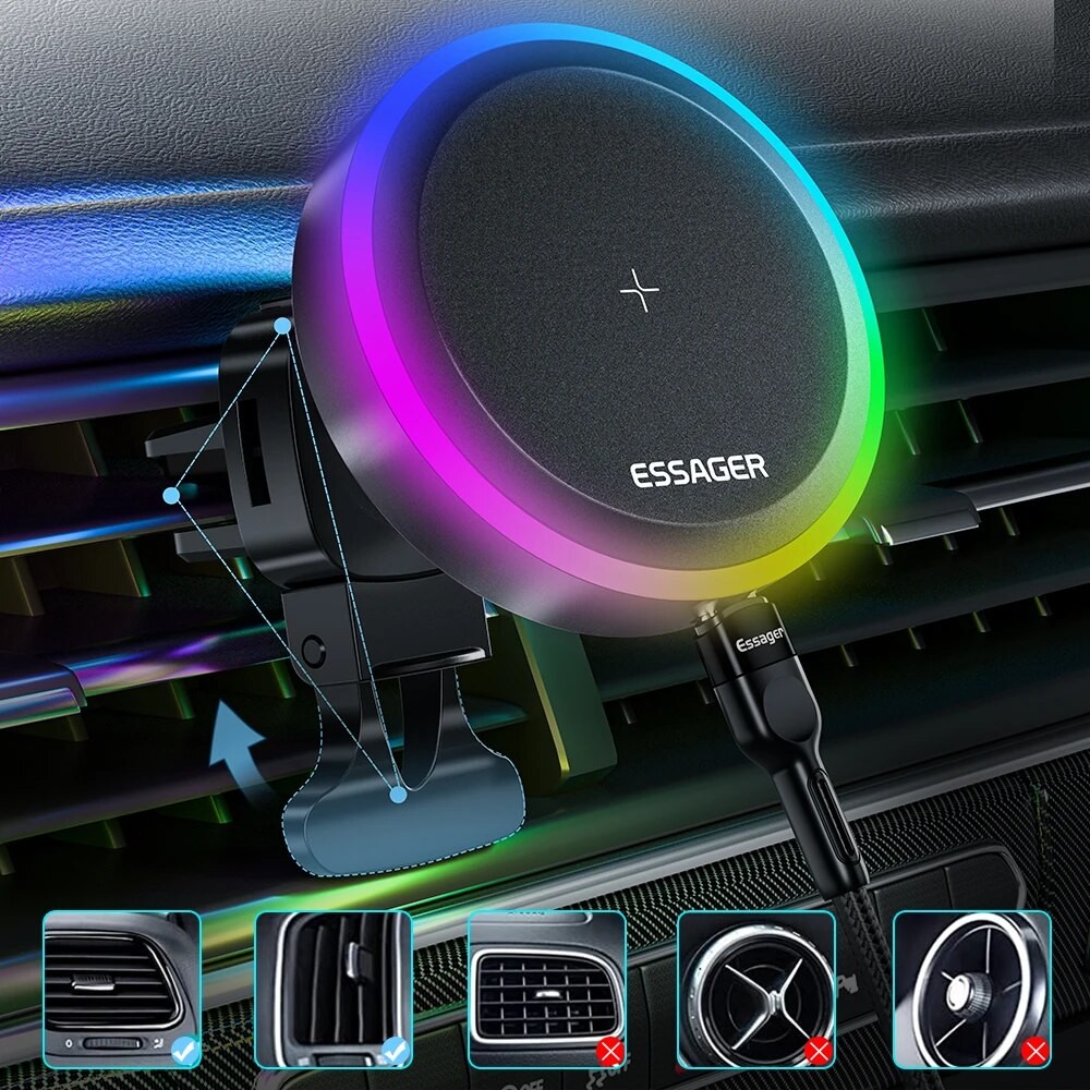 Essager RGB Magnetic Car Phone Holder Qi 15W Wireless Charger - Universal Phone Holder Stand