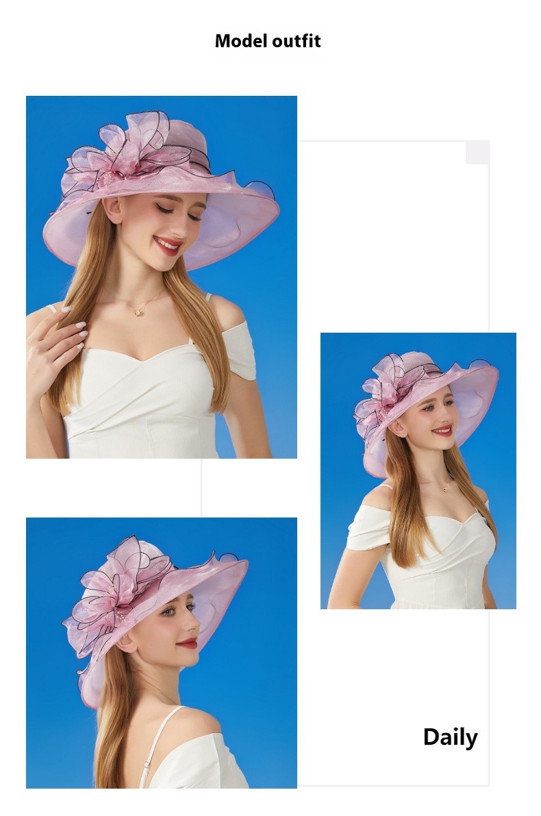 European And American Sun Protection Hat Women's Organza Solid Color Large Flower Sun Hat British Lady Elegant Graceful