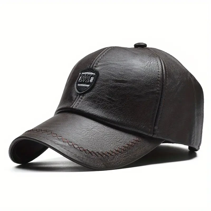 Mens Stylish Black Faux Leather Baseball Cap