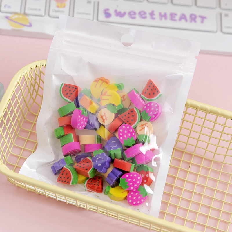 50 PCs Pearlescent Film Bags Cartoon Fruit Mini Eraser