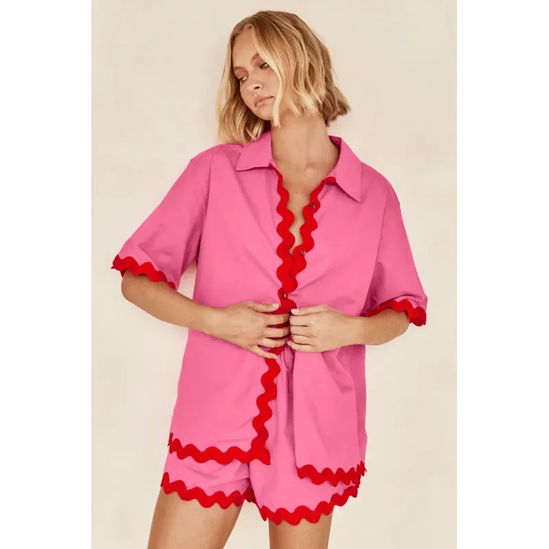 2Pcs Summer Shirt Suit With Short-sleeved V-neck Shirt For Women