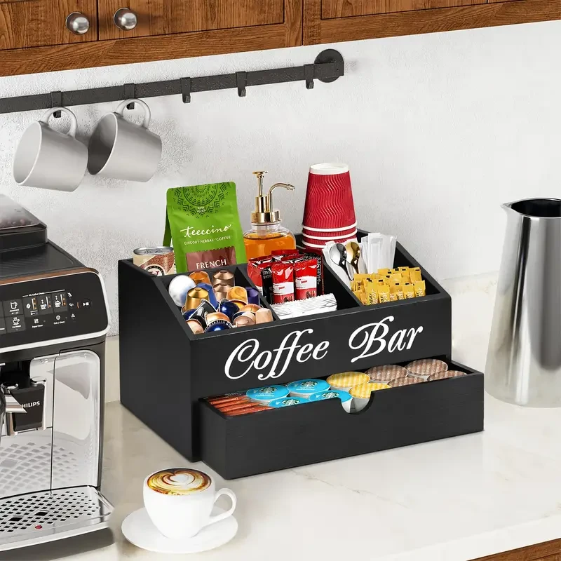 Coffee Bar Organizer Station with Drawer and Basket for Kitchen, Cafe, Office