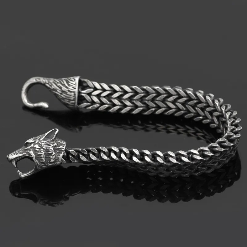 Men's Stainless Steel Black Wolf Head Cuban Chain Bracelet