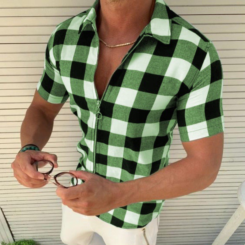 Summer Elegance: Men's Zippered Plaid T-Shirt with Short Sleeves