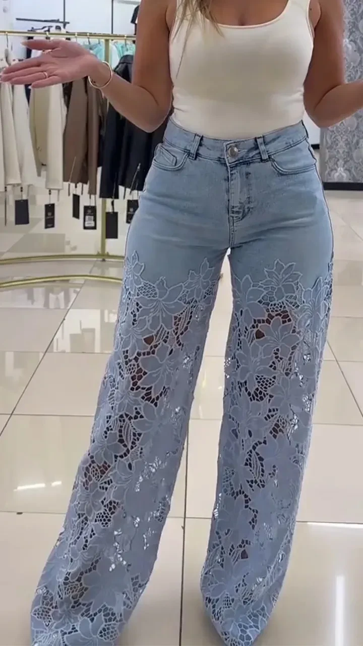 Y2K Lace Flowers Hollow Jeans Fashion High Waist Straight Wide Leg Pants Solid Color Trousers Women's Clothing