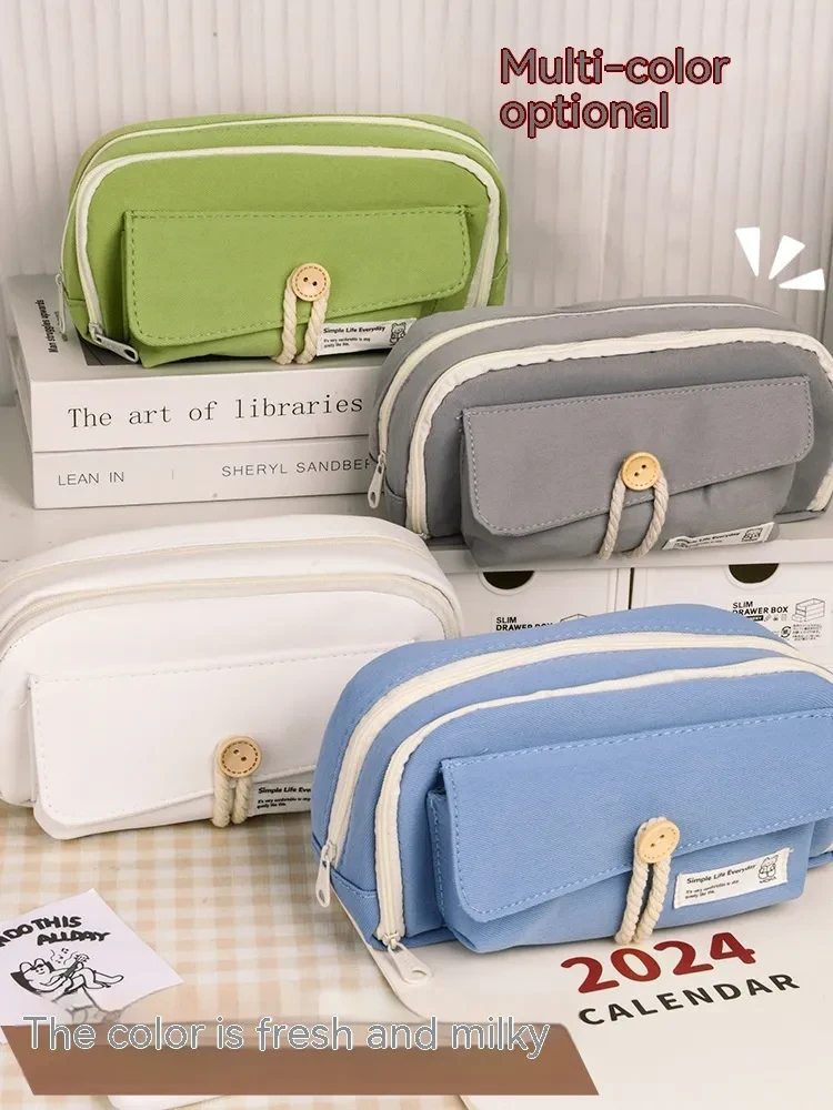 Button Pencil Case Girls Large Capacity Simple Student Creativity Canvas Stationery Bag