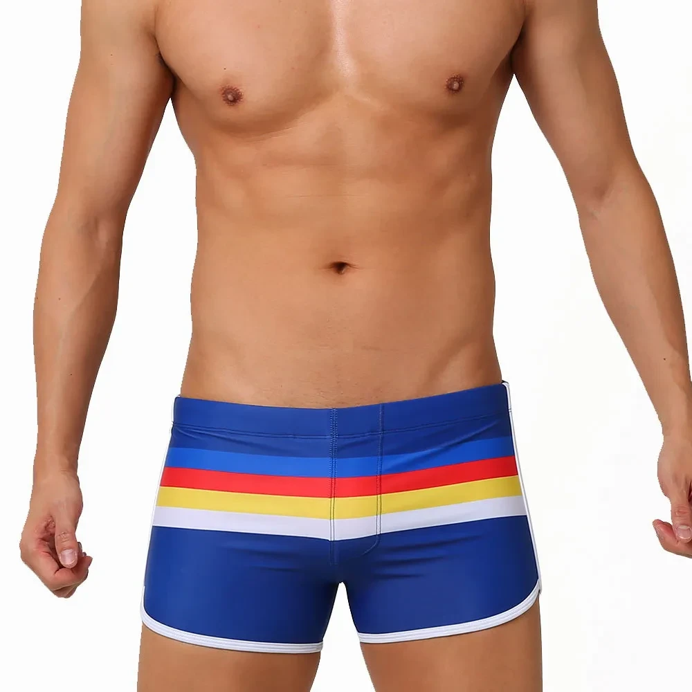Men's New Sports Open Colorful Stripes Flat Sports Shorts Dark Blue