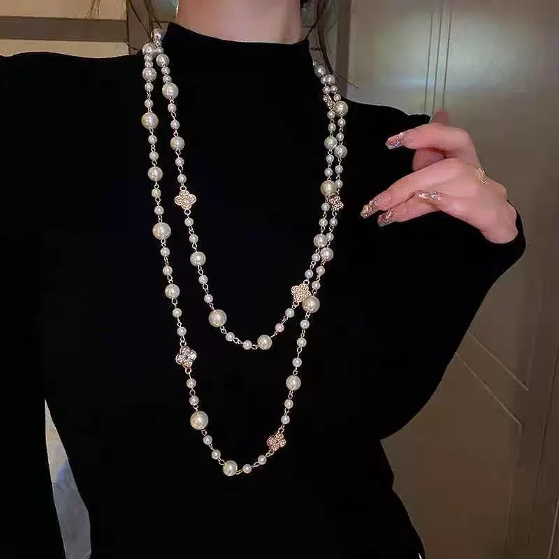 Retro Multi-layer Pearls Necklace Fashion Long Sweater Chain Versatile Accessories For Women