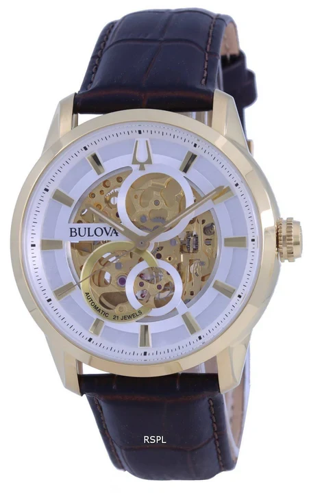 Bulova Classic Sutton Skeleton White Dial Leather Strap Automatic 97A138 Mens Watch