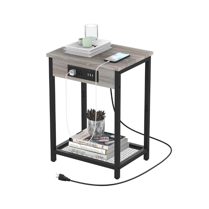 Modern Nightstand with Charging Station - Bedroom End Side Table with USB Ports and Outlets, 2-Tier Bedside Table, Record Player Stand