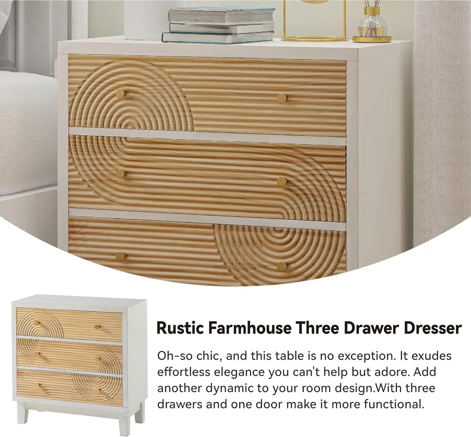 Farmhouse Dresser with Handicraft Wood Ring Motif - Fully Assembled Nightstand with Wooden Finish for Boho, Mid-Century, Natural Wood