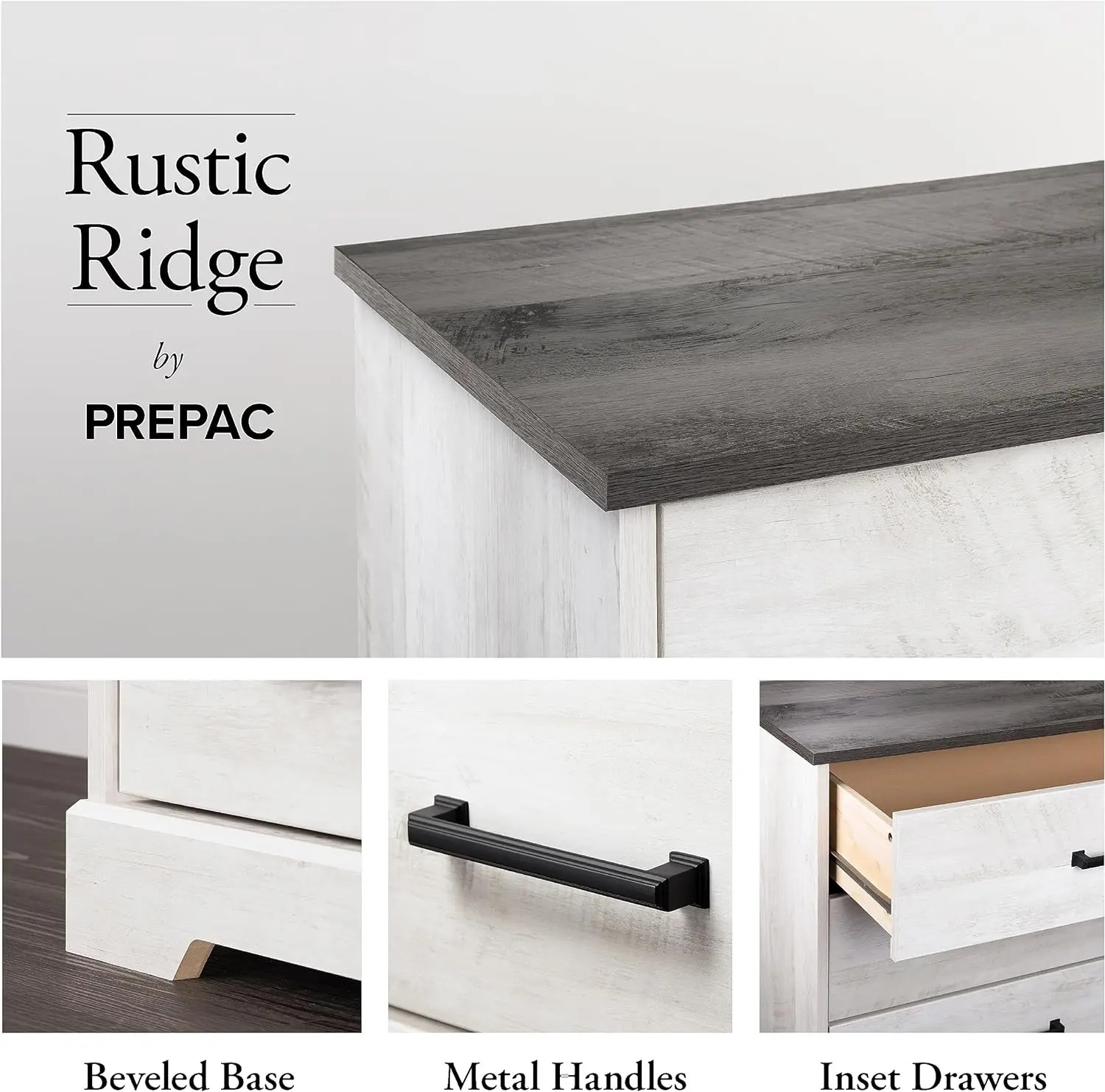 Prepac Rustic Ridge Farmhouse 3-Drawer Nightstand, Washed White, ADNR-1603-1