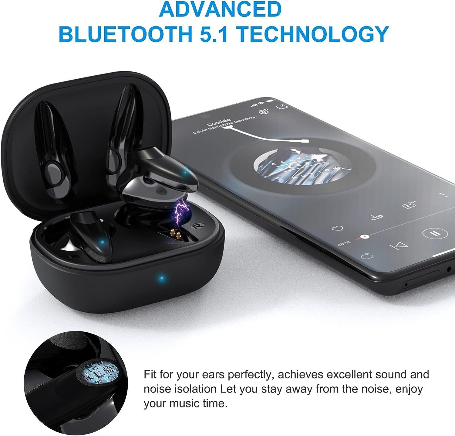 True Wireless Stereo Earbuds, HiFi Sound, Black.