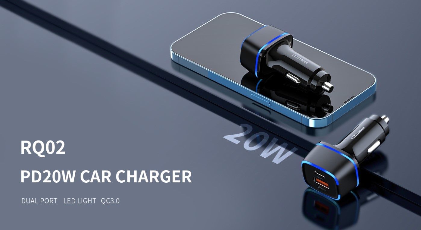 Car Charger, Double Port Output, PD 20W and QC3.0, Recci Brand.