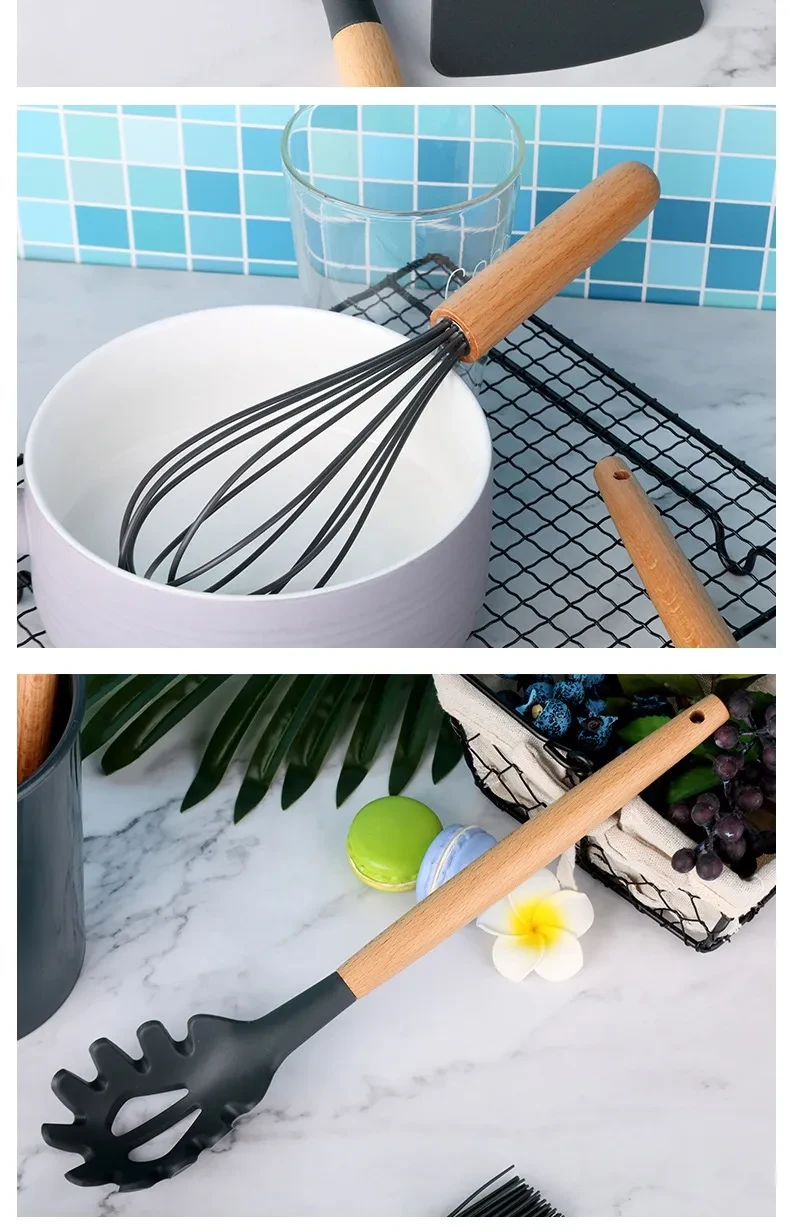 Wooden Handle Silicone Kitchenware 11-piece Non-stick Pan Cooking Spoon And Shovel Suit