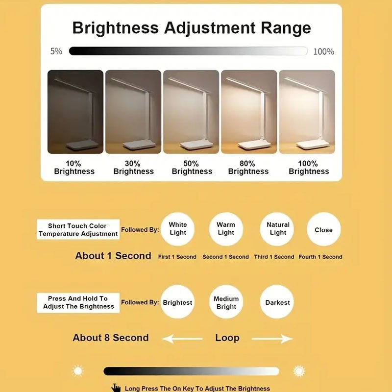 Folding Table Lamp - Eye Protection, 3 Color Dimmable Touch LED Lamp, 360 Flexible Desk Light, Bedside Reading Lamp, USB Rechargeable