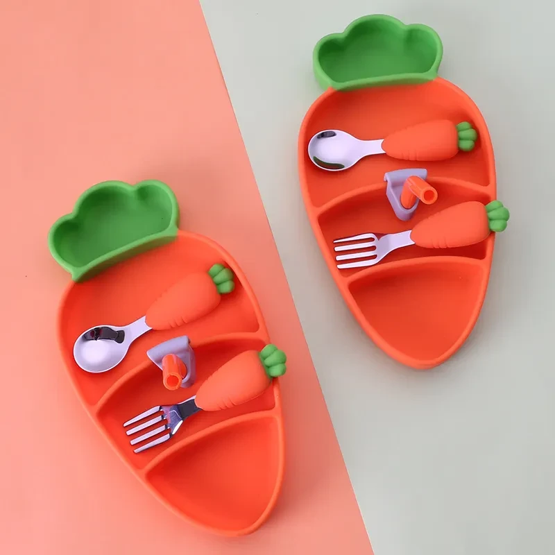 Three-Piece Silicone Cartoon Carrot Anti-Fall and Anti-Scalding Children's Tableware
