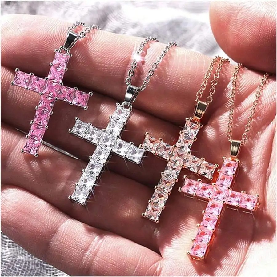 New Fashion Necklaces for Women Gold Multi-Color Crystal Jesus Cross Pendant Necklace
