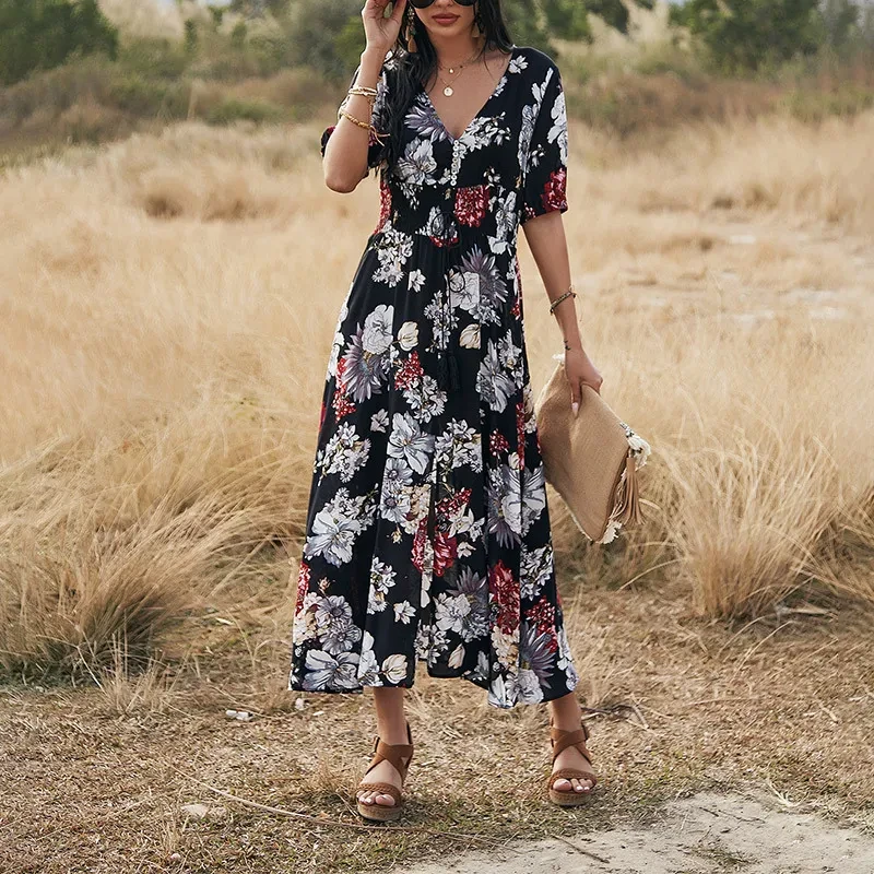 Floral V-Neck Elastic Waist Summer Beach Dress