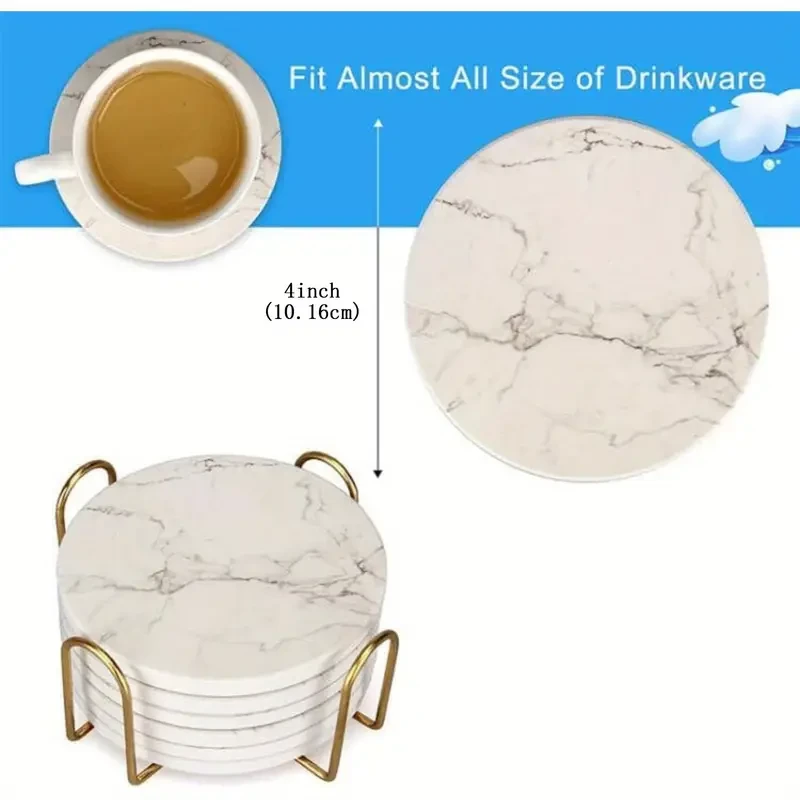 6pcs White Marble Ceramic Coaster Set with Golden Holder