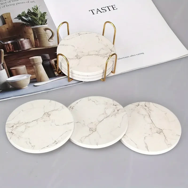 6pcs White Marble Ceramic Coaster Set with Golden Holder