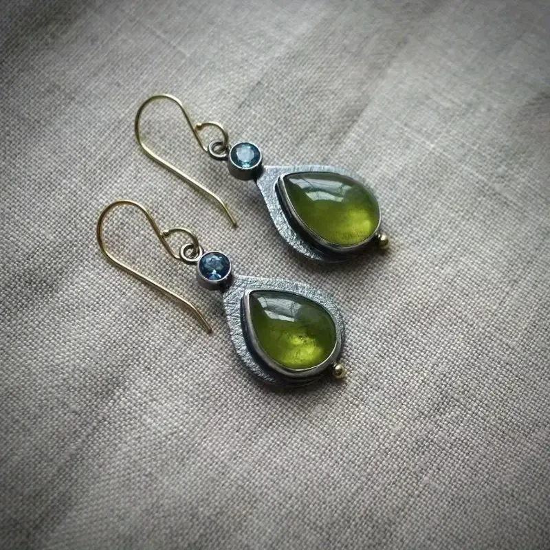 Boho-Chic Olive Green Cubic Zirconia Drop Earrings