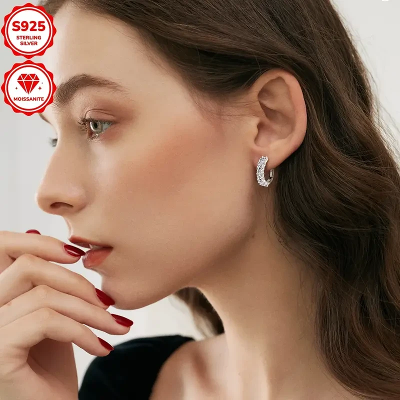 1 Pair Elegant 925 Sterling Silver Hoop Earrings with 4mm*8pcs & 2mm*12pcs Synthetic Moissanite Stones