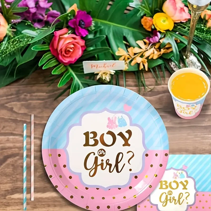 120pcs, disposable blue pink gender reveal party themed tableware