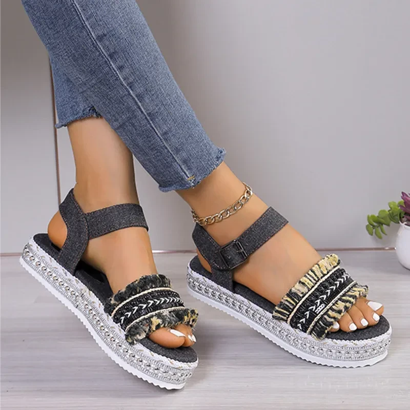 Fashion Tassel Denim Sandals With Thick-soled Flat Heel For Women