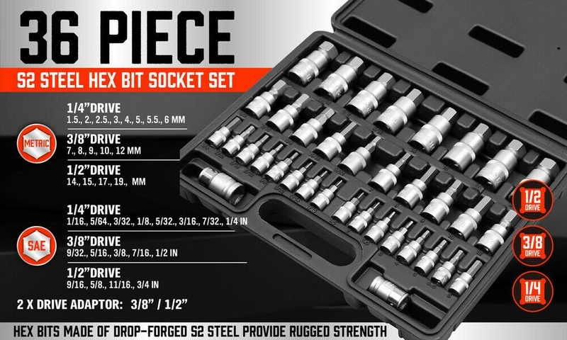 Hex Bit Socket Set Metric & SAE Allen Key S2 Steel Adapter