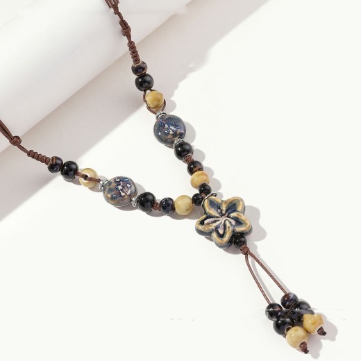 Vintage Sweater Chain Women's Long Flower Ceramic Necklace