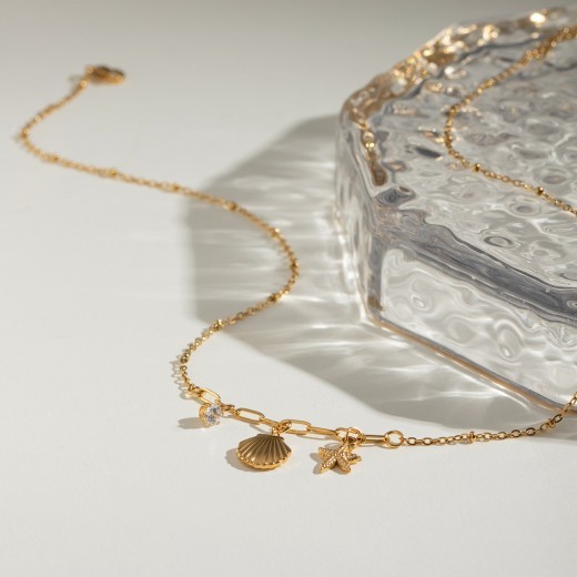 18K Gold Stainless Steel White Zircon Hammered Starfish Pendant Necklace