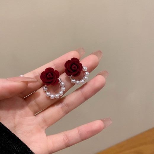 Silver Pin Flocking Wine Red Rose Earrings