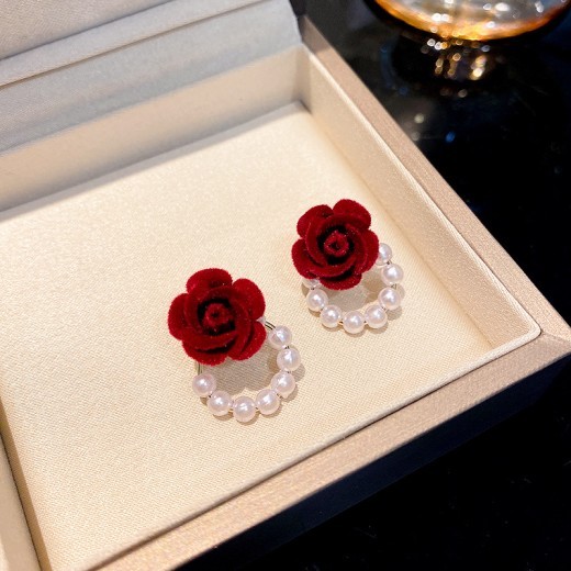 Silver Pin Flocking Wine Red Rose Earrings