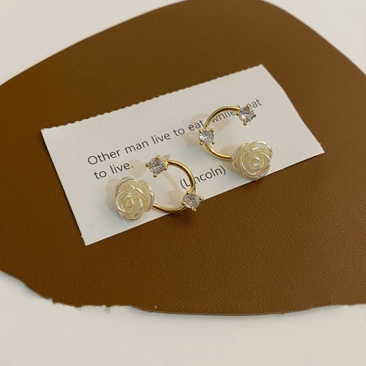 White Rose Rhinestone Silver Stud Earrings Simple French