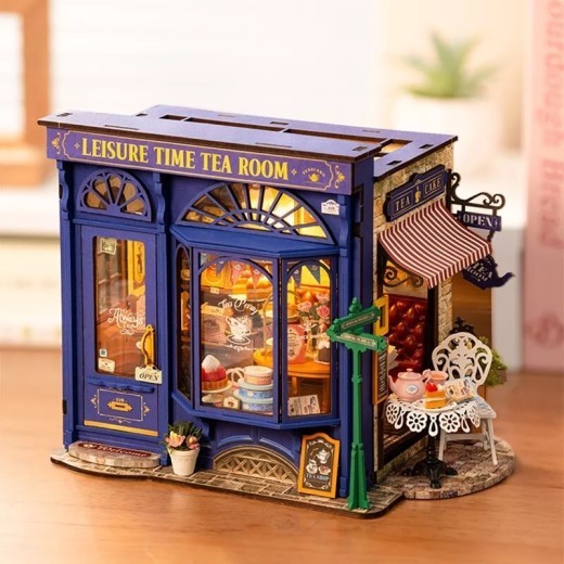 ROBOTIME DIY Miniature Dollhouse Kit - Tea Room With LED Lights And Furniture, Wooden Model Building Set For Adults And Kids, Creative Gift For Leisure Time
