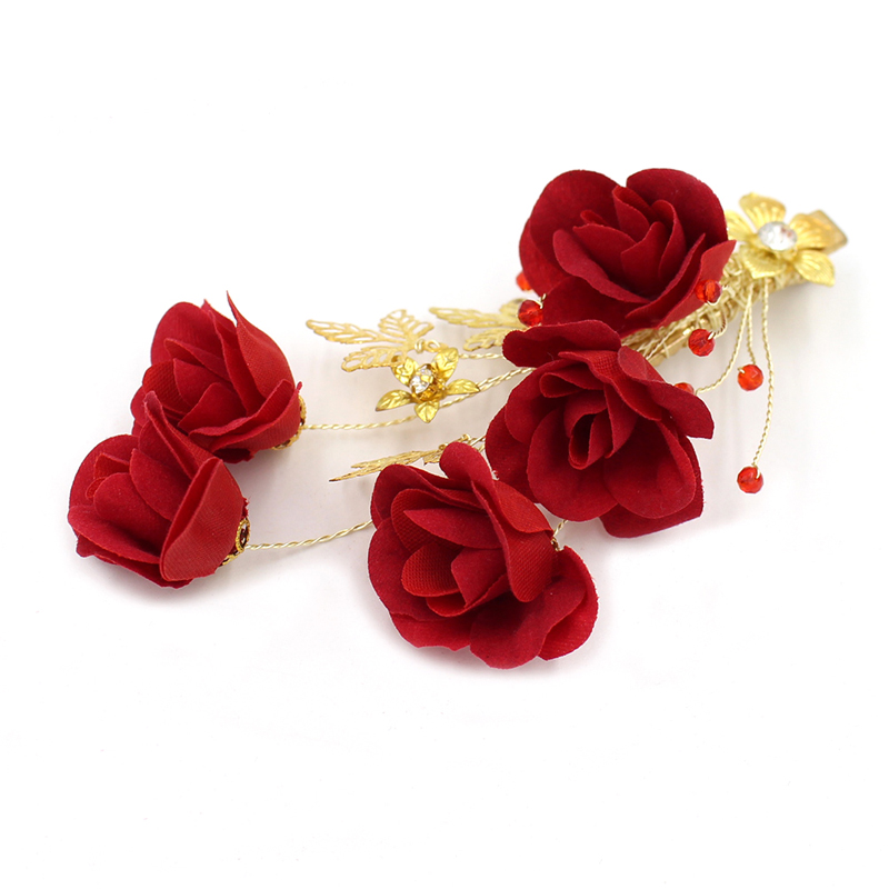 Chinese Style Red Bridal Head Flower Hair Ornament, Flannel Rose Flower