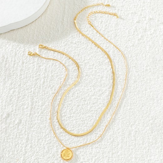 Blade Chain Double Layer Twin Rose Brass Gold Plated Short Necklace