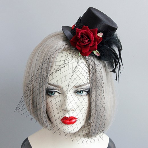 Gothic Punk Vintage Red Rose Feather Mesh Head Accessories