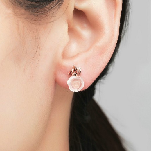 S925 Sterling Silver Rose flower Pink Crystal Stud Earrings