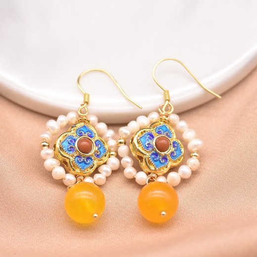 Blue Earrings Natural Freshwater Pearl Jade Earrings Female Jewelry