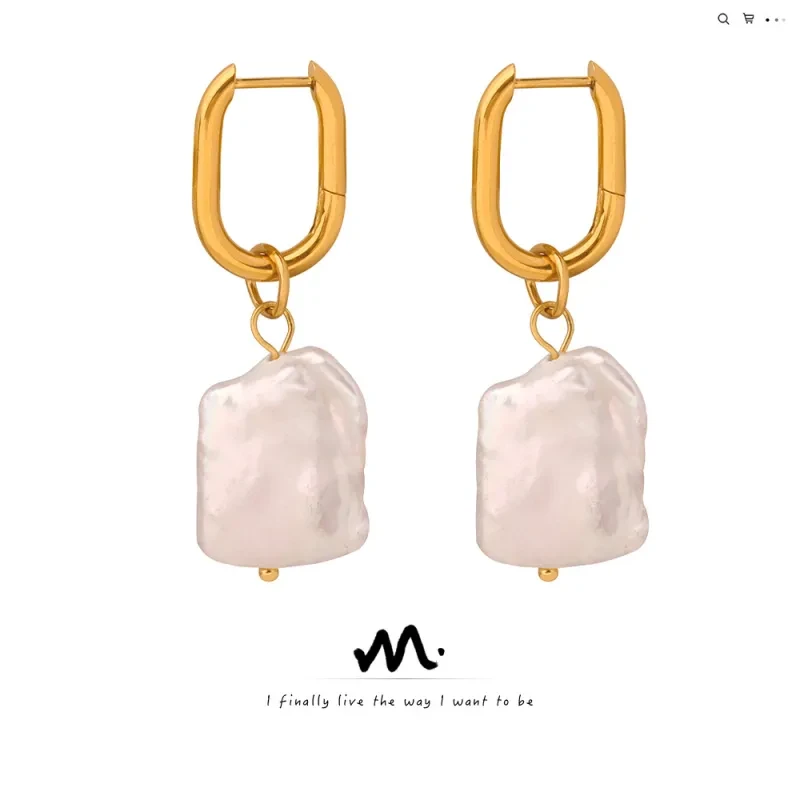 Retro Affordable Luxury Personality Titanium Steel Gold-plated Irregular Pearl Earrings